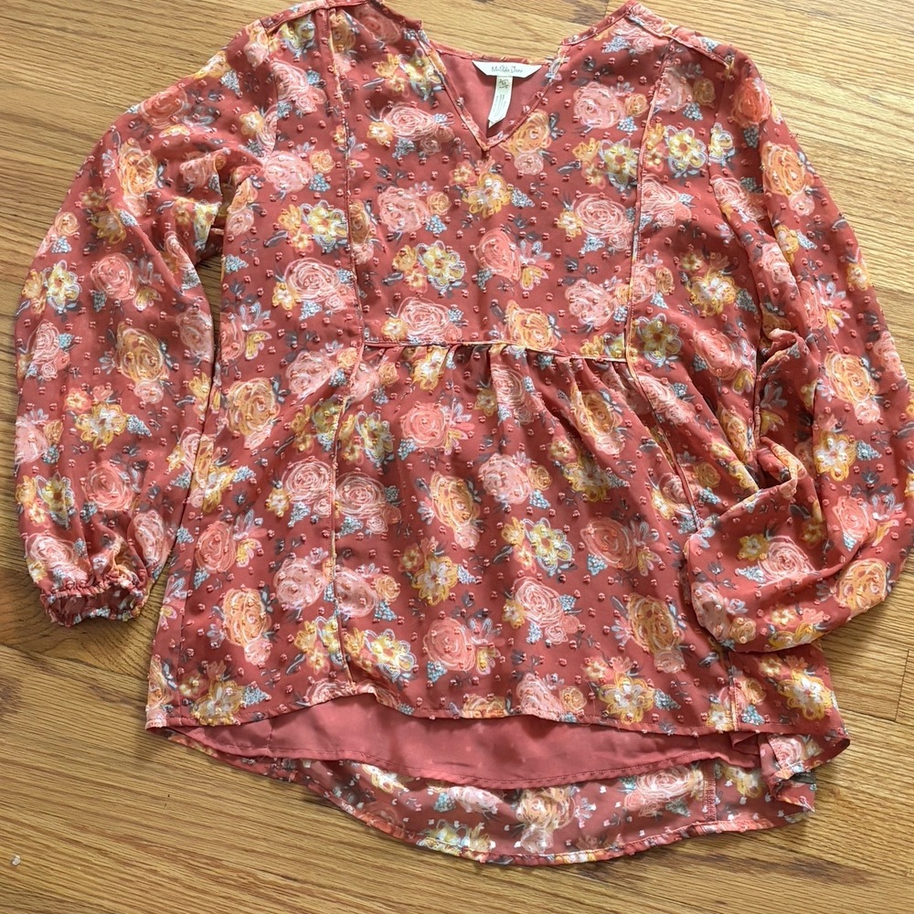 Matilda Jane Botanical Beauty Rust Orange Floral Rose Swiss Dot V Neck Blouse M